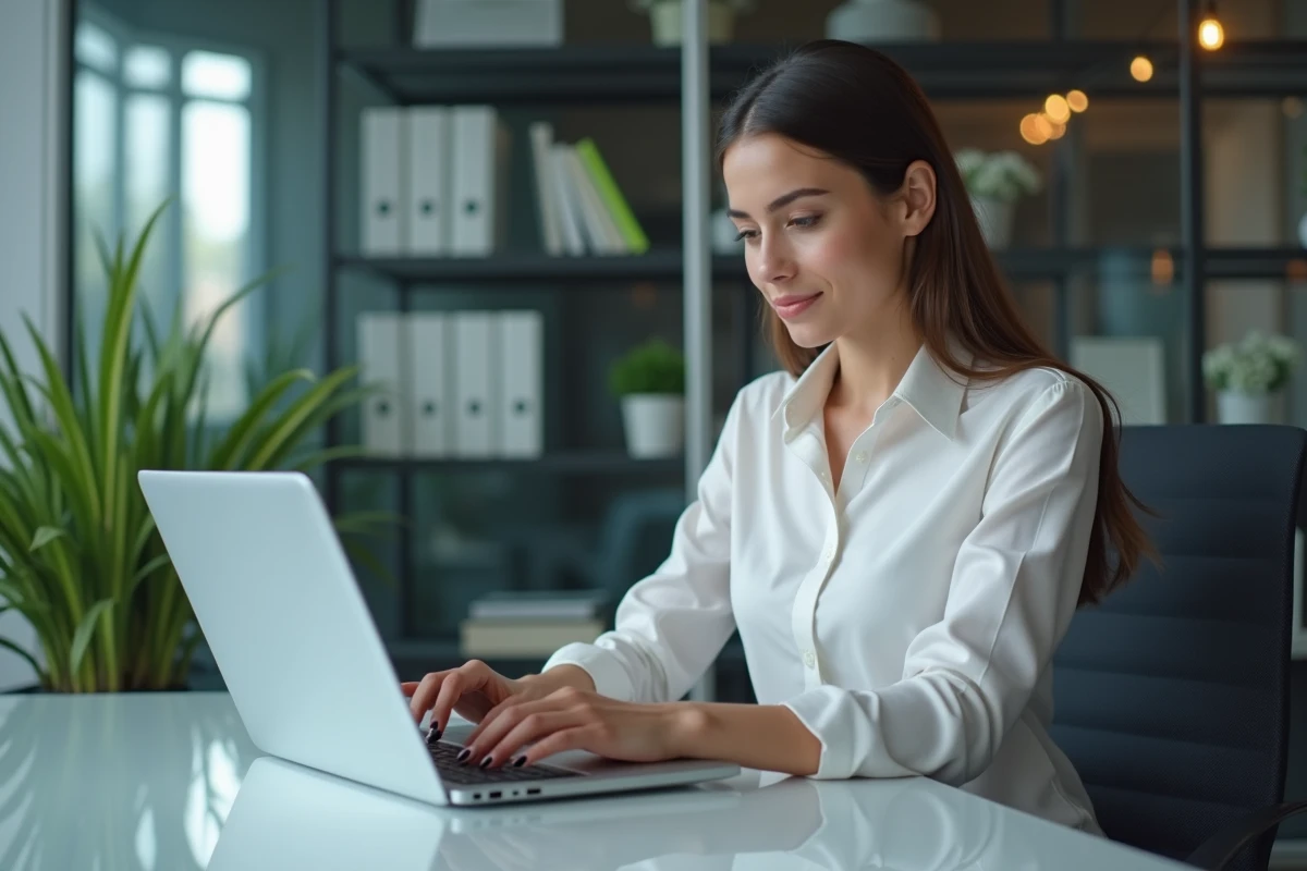 Jeune femme d'affaires utilisant SAP dans un bureau moderne
