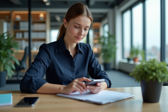 Jeune femme professionnelle utilisant son smartphone au bureau