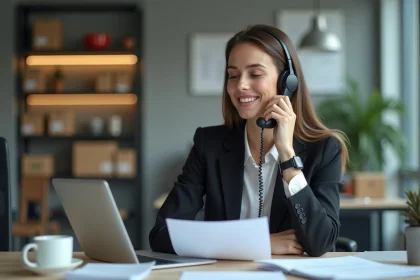 Femme en blazer parlant au t&eacute;l&eacute;phone dans un bureau professionnel