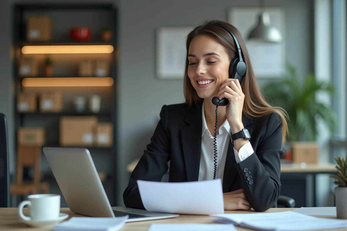 Femme en blazer parlant au téléphone dans un bureau professionnel