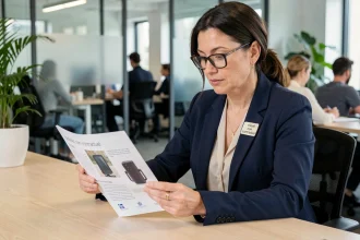 Femme en blazer marine examinant une brochure commerciale avec la mention visuel non contractuel dans un bureau moderne