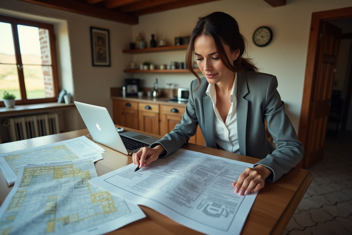 Femme professionnelle examinant des cartes cadastrales à la maison