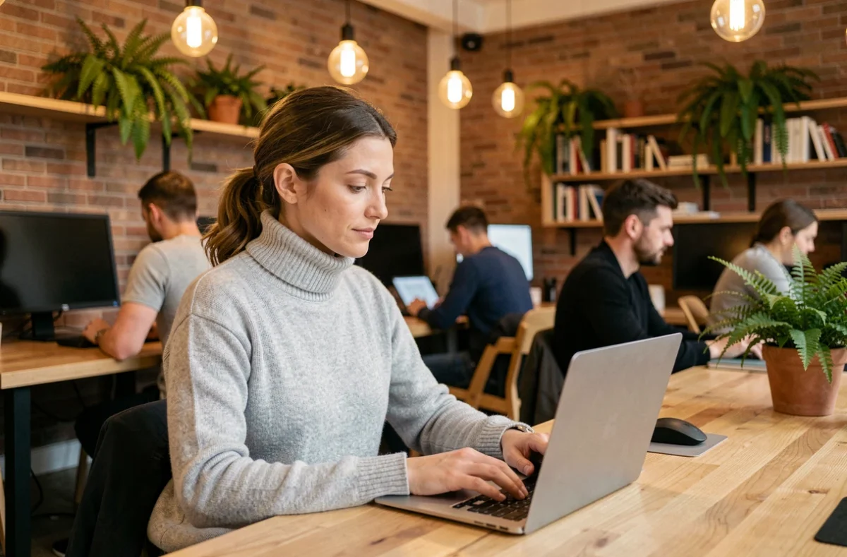 Femme professionnelle travaillant dans un espace de coworking moderne à Bruxelles avec des murs en briques apparentes