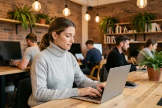Femme professionnelle travaillant dans un espace de coworking moderne à Bruxelles avec des murs en briques apparentes
