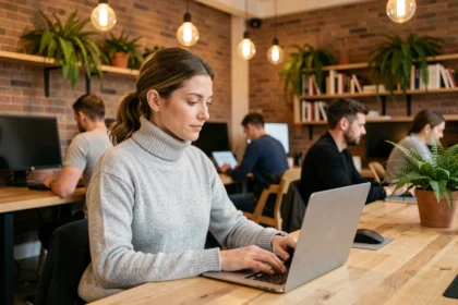 Femme professionnelle travaillant dans un espace de coworking moderne à Bruxelles avec des murs en briques apparentes