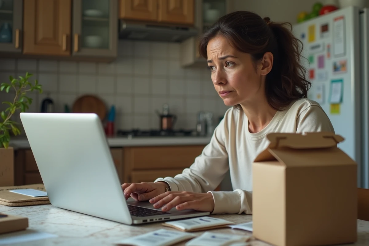 Femme réfléchissant devant un ordinateur dans la cuisine