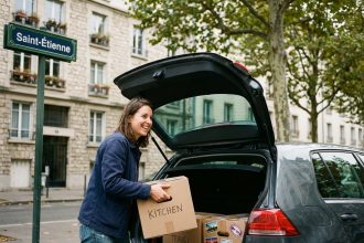 Jeune femme souriante décharge des cartons à SaintÉtienne