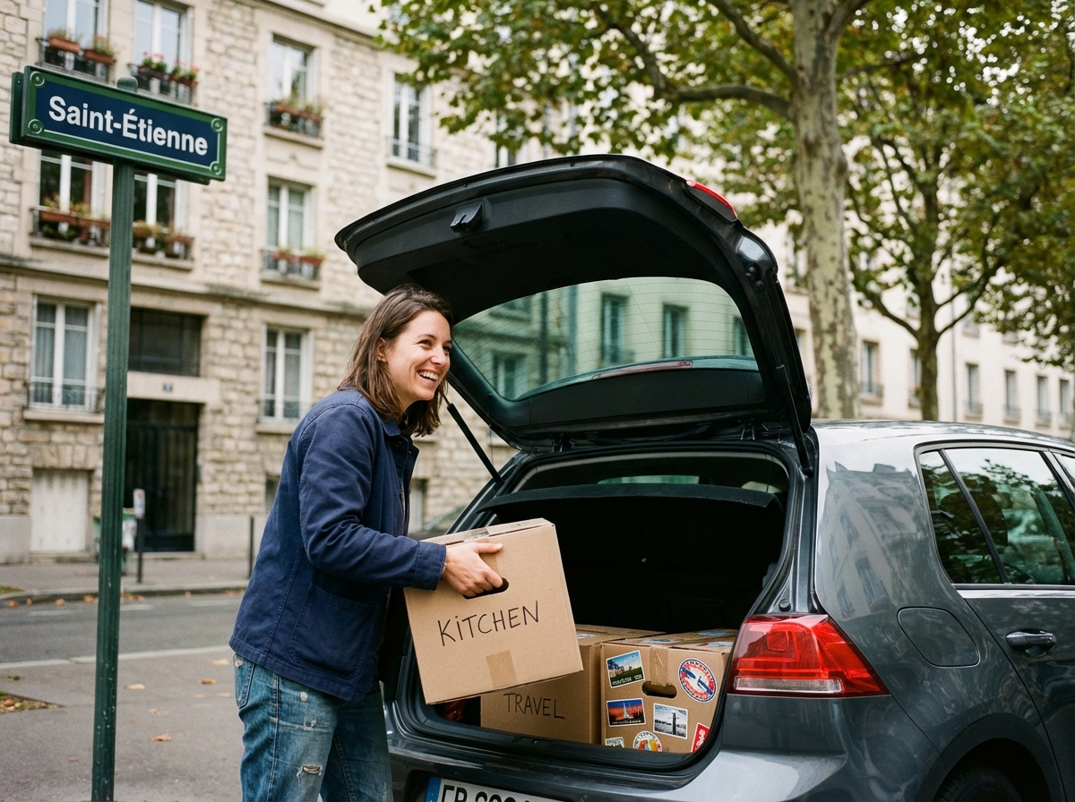 Jeune femme souriante décharge des cartons à SaintÉtienne