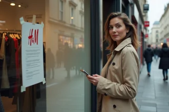 Femme devant un magasin H&M fermé avec une affiche sur la porte en centre-ville