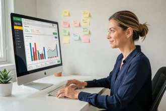 Femme e-commerçante analysant des statistiques de ventes sur un tableau de bord en ligne depuis son bureau à domicile
