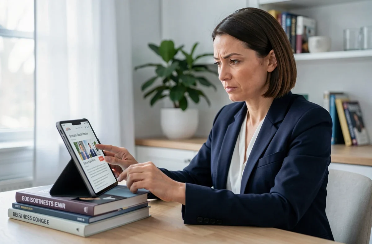 Femme entrepreneur à son domicile comparant des offres d'abonnement gratuit à un journal dédié aux entrepreneurs sur une tablette