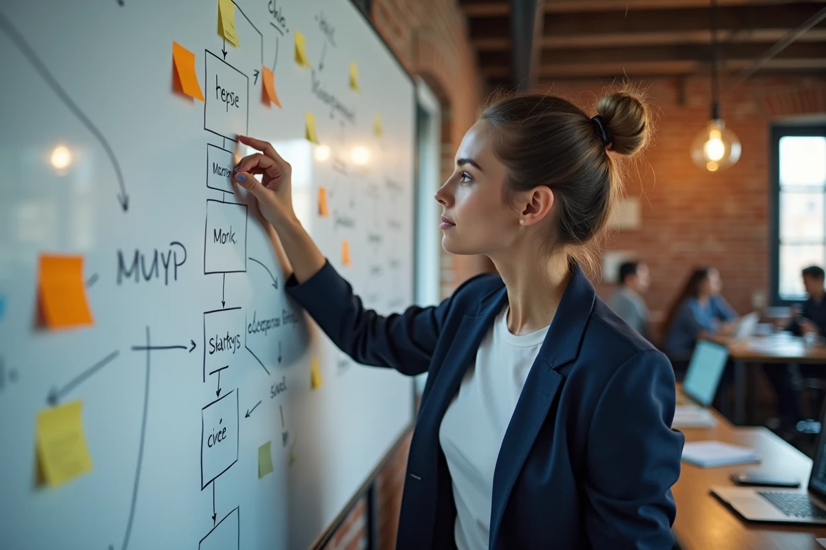 Femme entrepreneur devant un tableau blanc avec des post-its et des wireframes illustrant la conception d'un produit minimum viable (MVP) dans un espace de coworking moderne