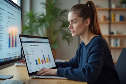 Femme entrepreneur analysant les performances d'un tunnel de vente optimisé sur son ordinateur portable dans un bureau à domicile