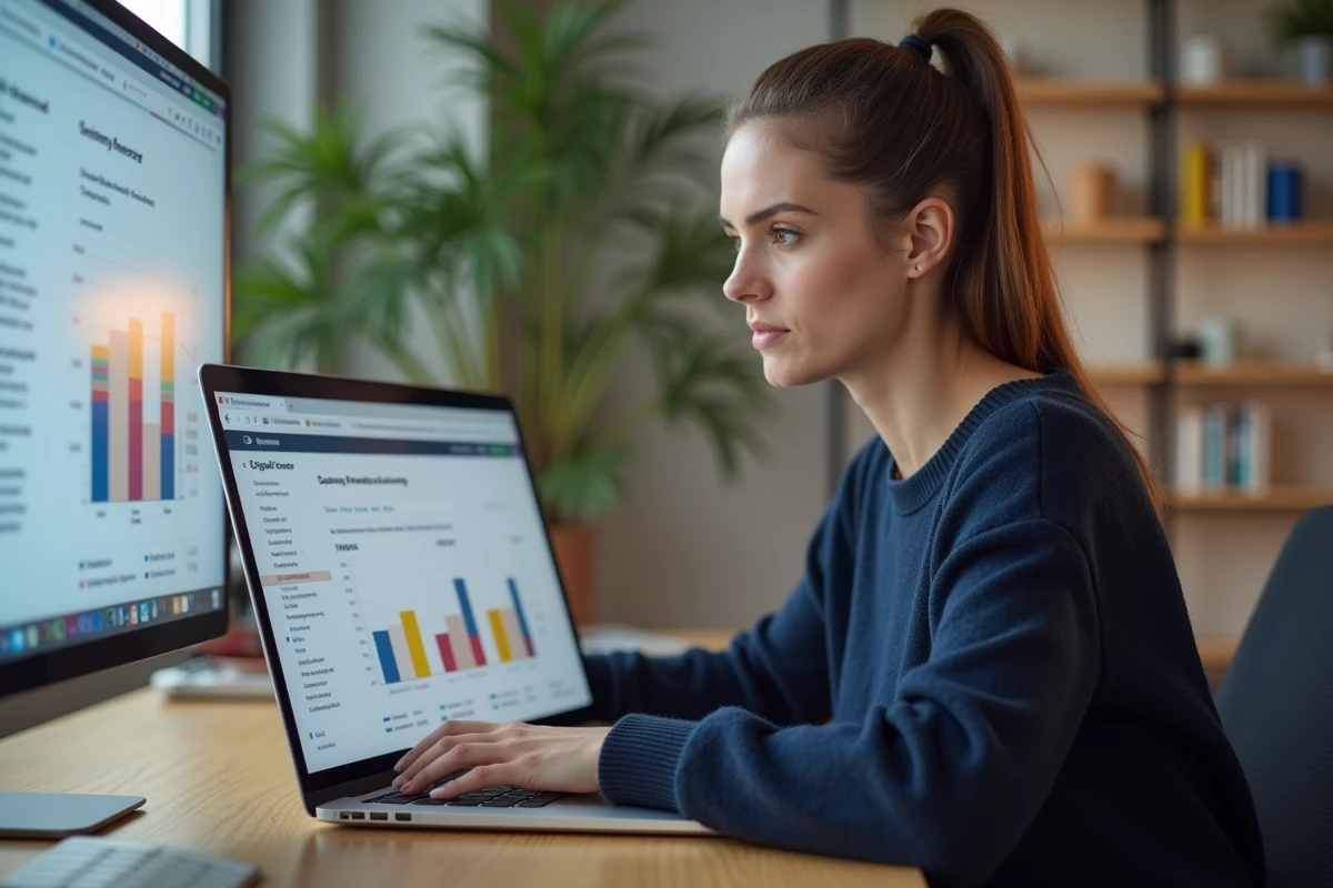 Femme entrepreneur analysant les performances d'un tunnel de vente optimisé sur son ordinateur portable dans un bureau à domicile