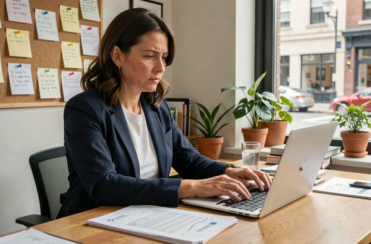 Femme entrepreneuse en reconversion professionnelle travaillant sur des documents d'entreprise dans un bureau à domicile