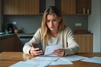 Jeune femme inquiète regarde son smartphone et un bon de livraison