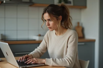 Femme concentrée face à un ordinateur en cuisine