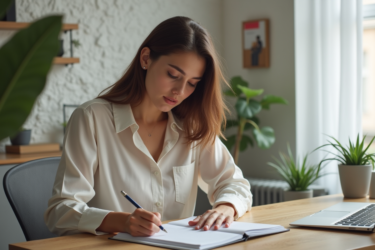 Jeune femme organise son planning dans un bureau moderne