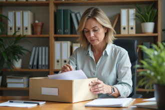 Femme organisée classant des documents dans une boîte