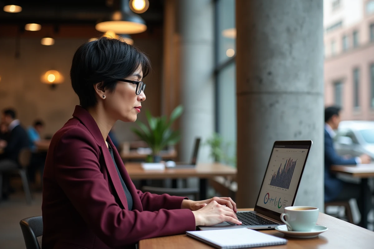 Femme consultant une plateforme d'indicateurs économiques territoriaux gratuite sur laptop dans un espace de coworking