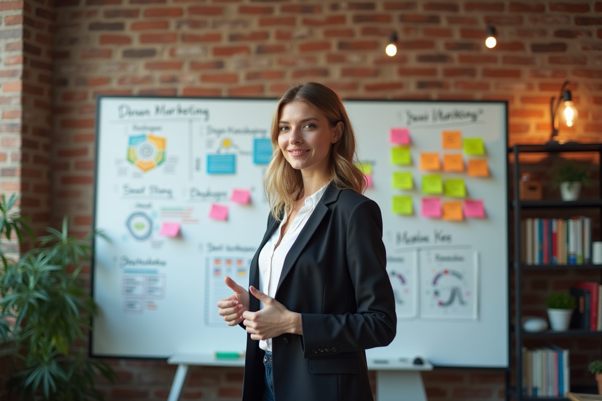 Jeune femme en présentation avec tableau blanc créatif