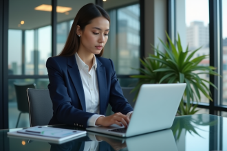 Jeune femme professionnelle analysant des données sur un ordinateur