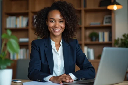 Femme confiante en blazer navy dans un bureau moderne
