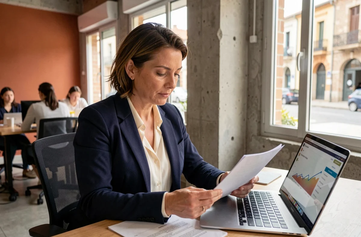 Femme professionnelle consultant des documents sur le portage salarial dans un espace de coworking à Narbonne