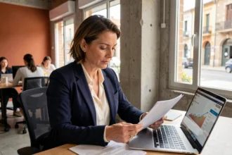 Femme professionnelle consultant des documents sur le portage salarial dans un espace de coworking à Narbonne