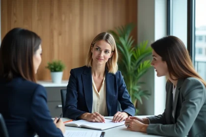Femme d'affaires discutant d'un rapport de durabilite en equipe