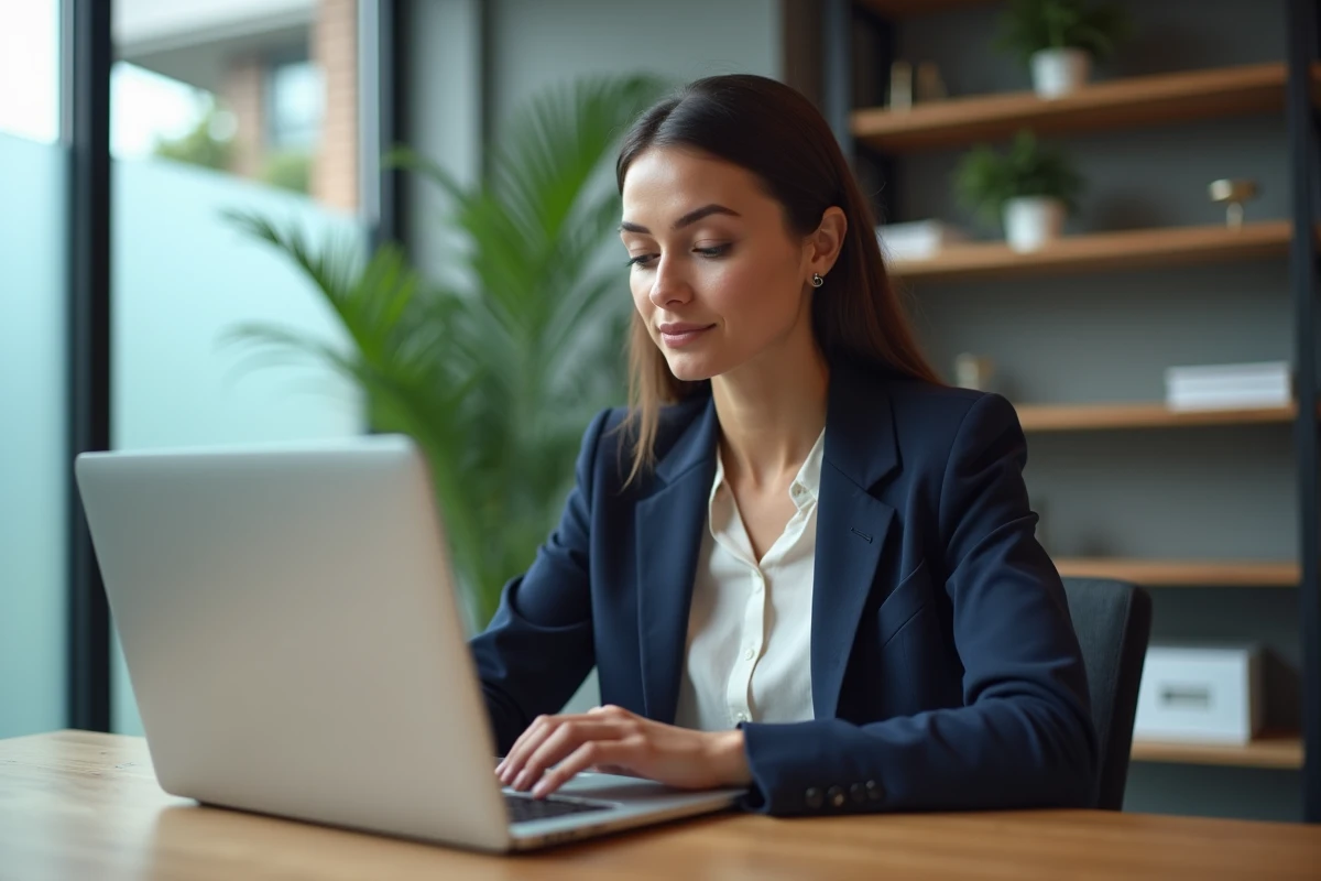 Femme professionnelle consultant une veille digitale sur ordinateur portable dans un bureau moderne