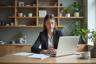 Femme en tenue professionnelle met à jour son CV à domicile