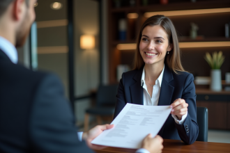 Femme en costume professionnel tendant un CV dans un bureau moderne