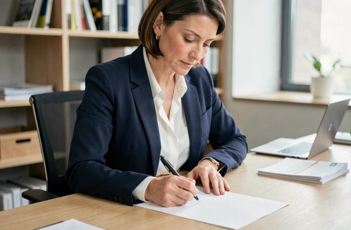 Femme professionnelle rédigeant une lettre de démission à son bureau dans un bureau moderne