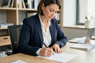 Femme professionnelle rédigeant une lettre de démission à son bureau dans un bureau moderne