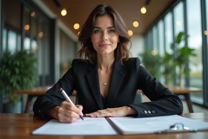 Femme d'affaires signant un contrat dans un bureau moderne