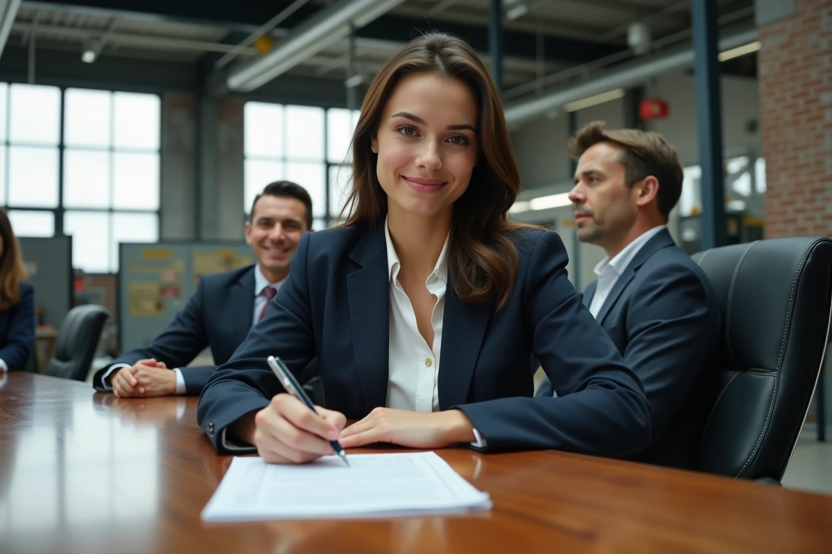 Jeune femme signe un formulaire dans une usine moderne