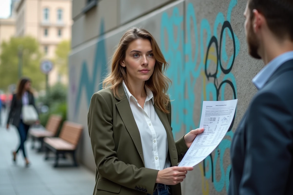 Femme pointant un graphique stratégique devant un mur urbain