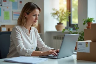 Femme d affaires vérifiant un tableau de suivi de livraison