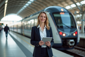 Jeune femme en blazer à la gare avec train rapide en arrière-plan