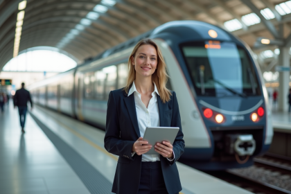 Jeune femme en blazer à la gare avec train rapide en arrière-plan