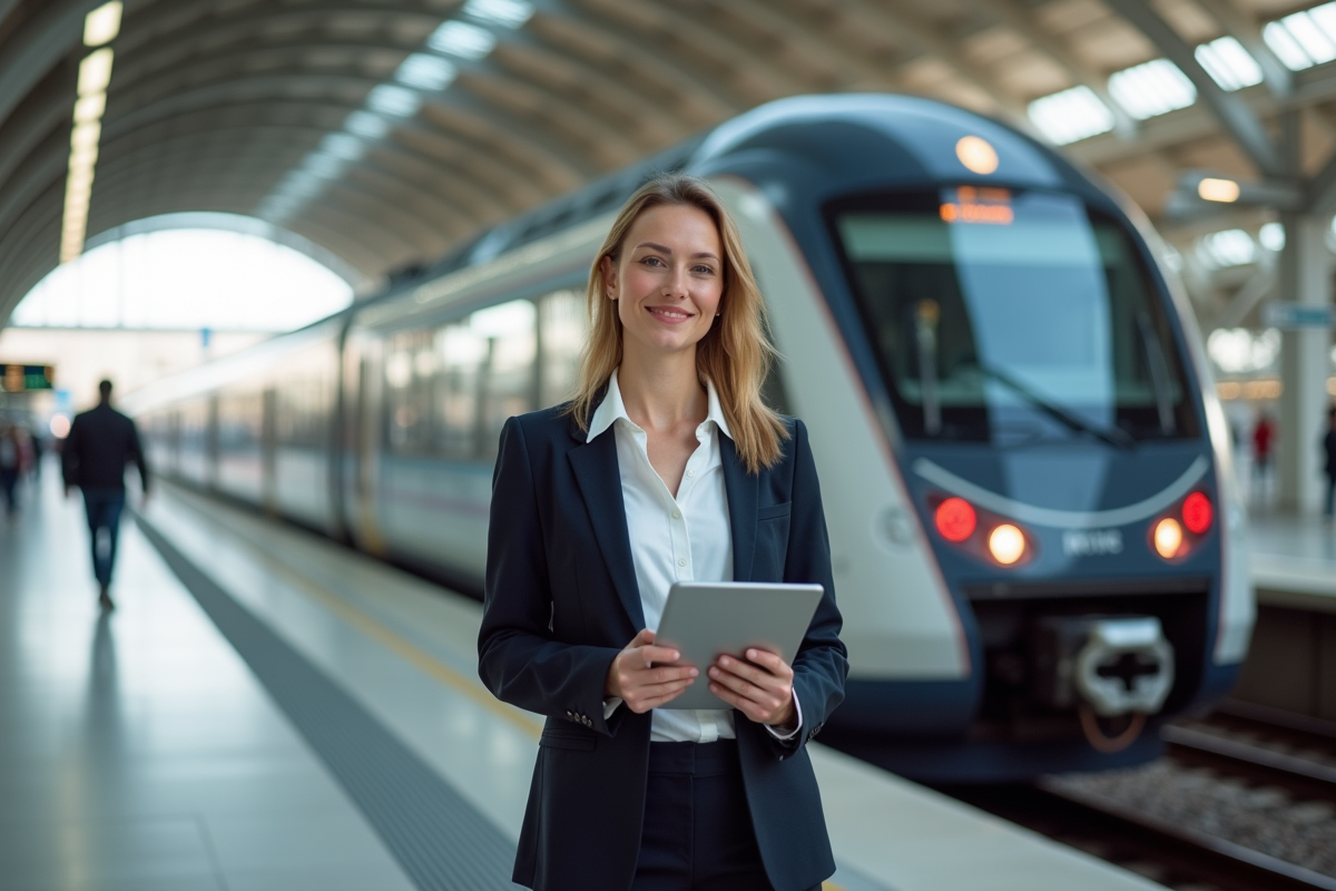 Jeune femme en blazer à la gare avec train rapide en arrière-plan