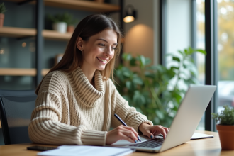Femme au bureau travaillant sur son ordinateur portable