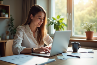 Jeune femme confiante travaillant sur son ordinateur à la maison