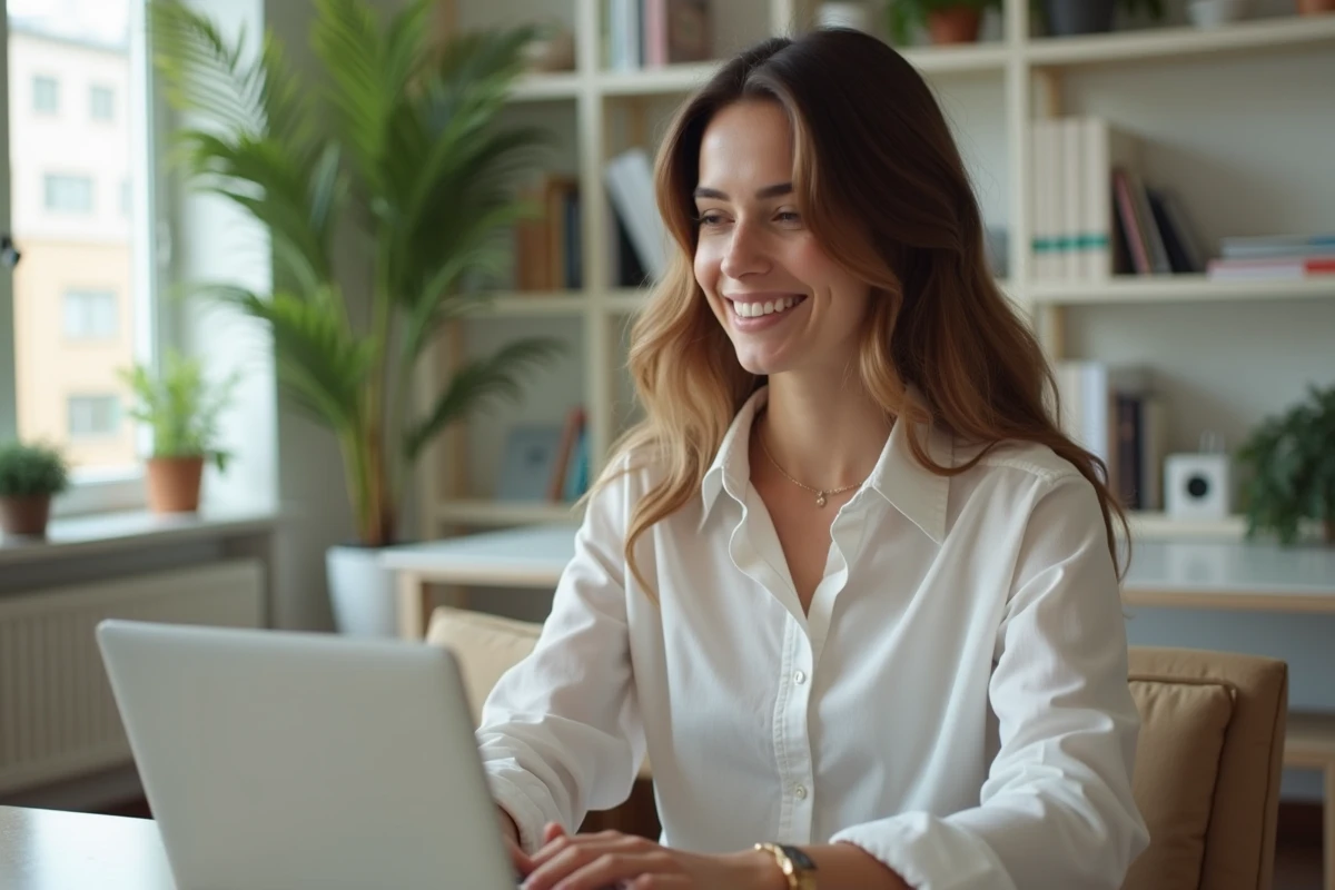 Jeune femme travaillant à distance sur un ordinateur portable