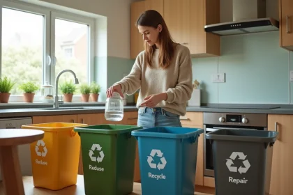 Jeune femme triant des d&eacute;chets dans des bacs de recyclage