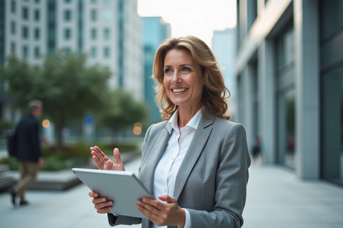 Femme d affaires tenant une tablette dans un environnement urbain moderne