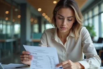 Femme examinant une fiche de paie dans un bureau moderne