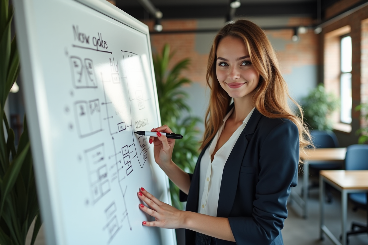 Jeune femme expliquant des diagrammes en coworking