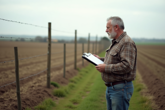 Fermeur à côté d'un champ rural avec un clipboard